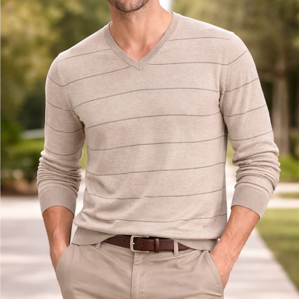 Banana Republic Silk Cashmere‎ V-Neck Sweater Mens L Tan Stripe Soft Luxury